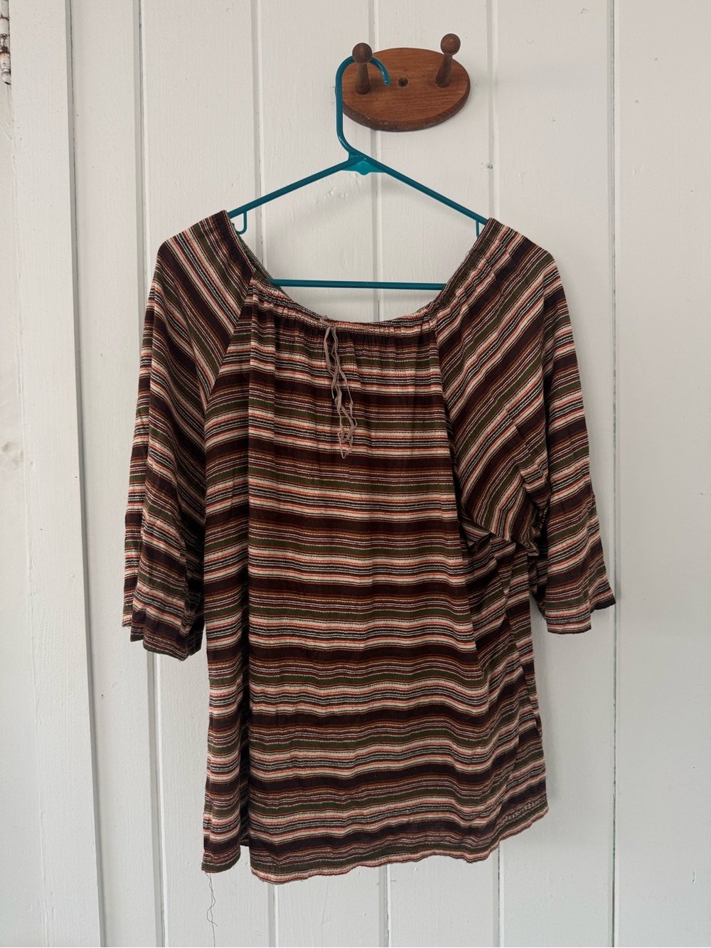 Striped Off-Shoulder Peasant Top in Brown Stripe